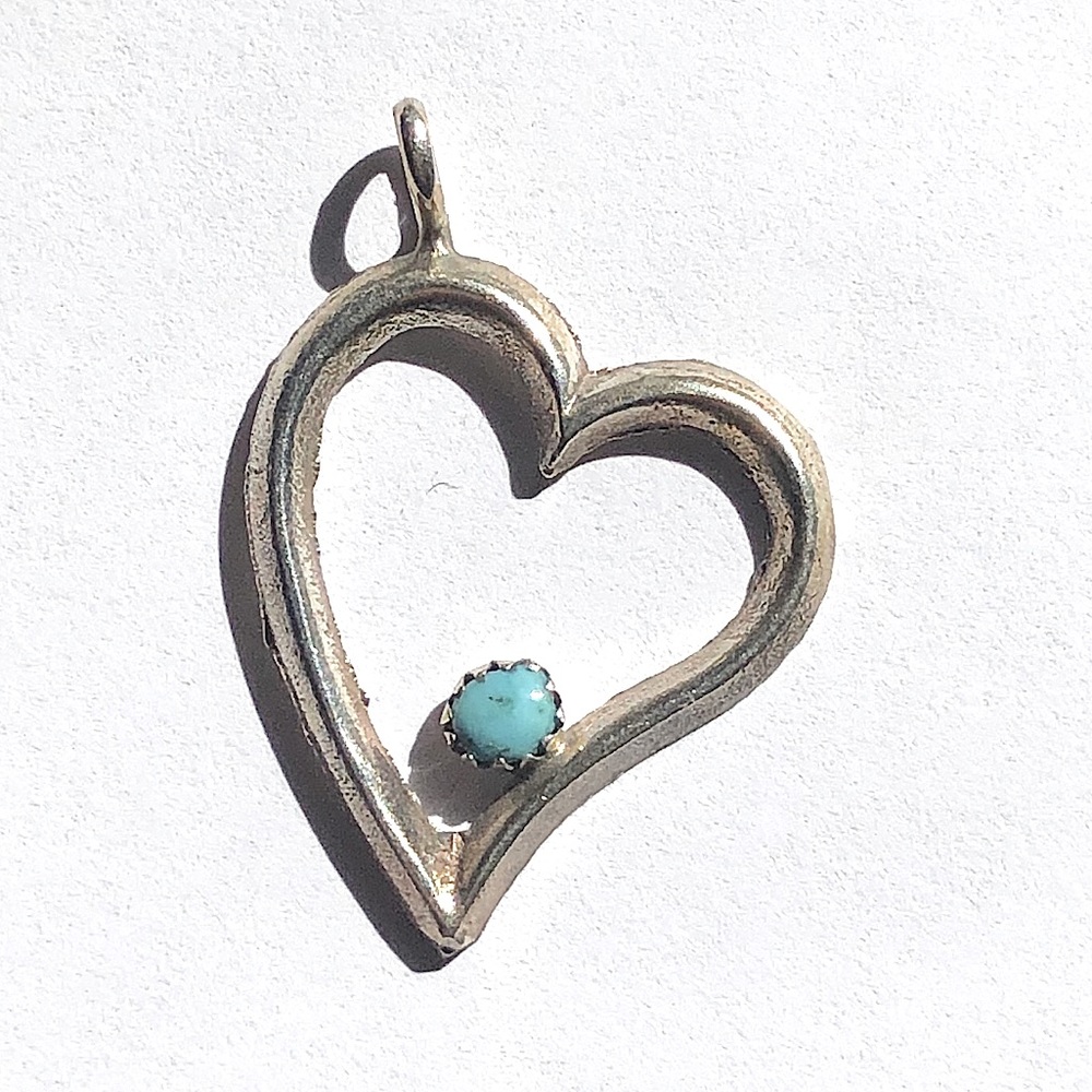 Sterling Sand Cast Heart W/Turquoise Pendant
